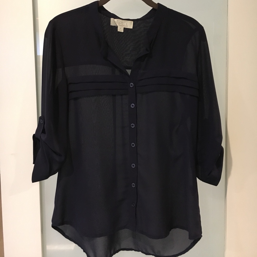 Sheer navy blouse with 3/4 tab sleeve